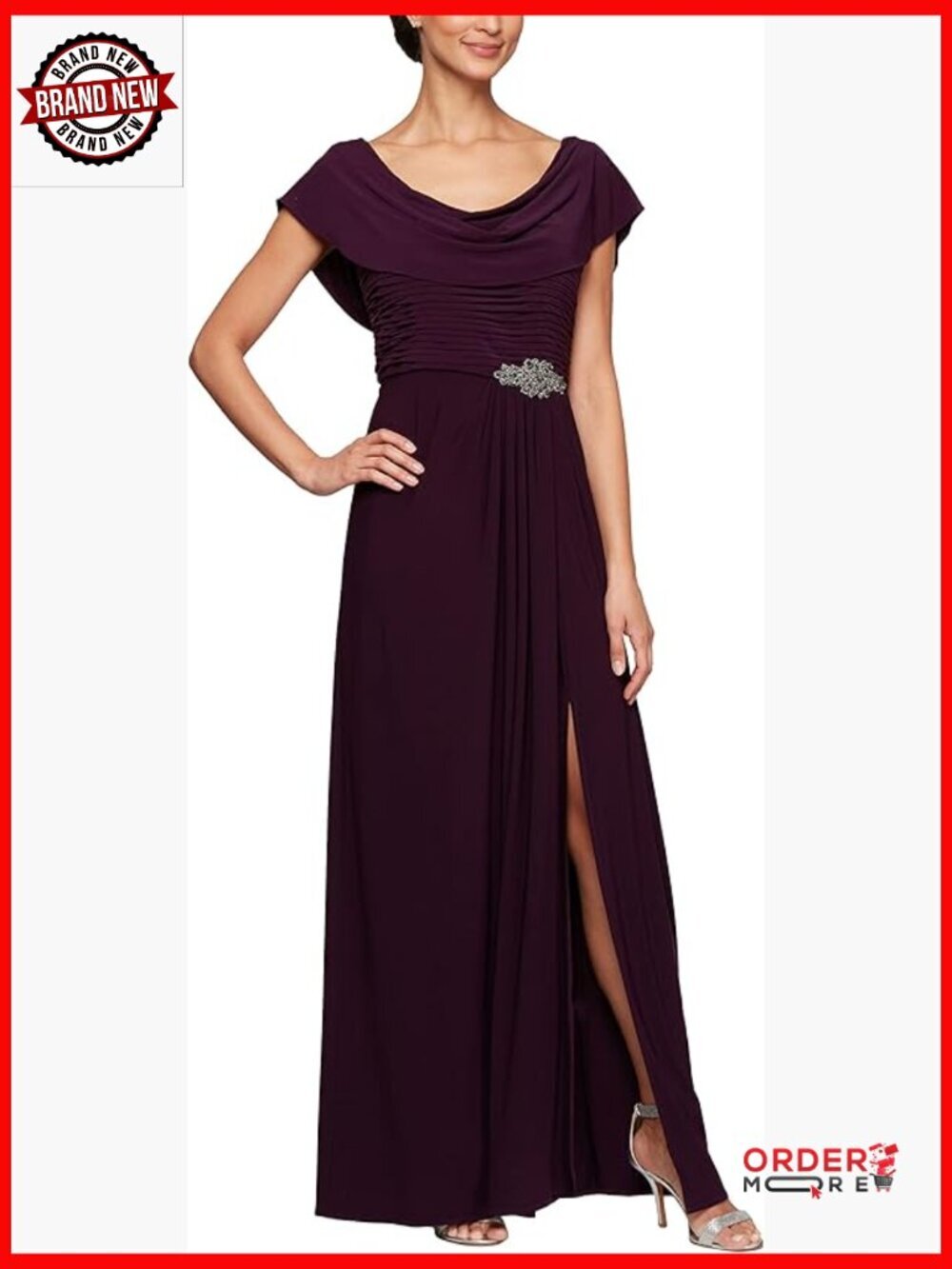 Long Cowl Neck Mother of Bride Formal Gown Pleated Bodice A-Line